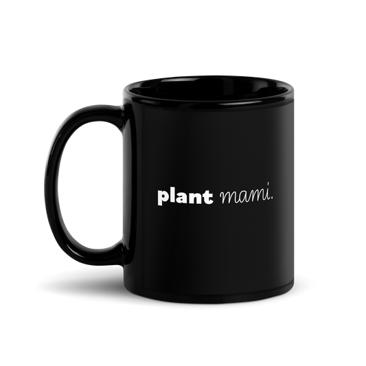 "Plant Mami" Cursive Black Glossy Mug